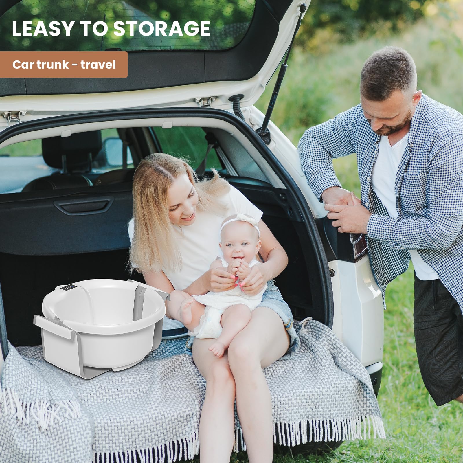 JoyYum grey-colored collapsible baby bathtub as portable bath station for 0-36 months.