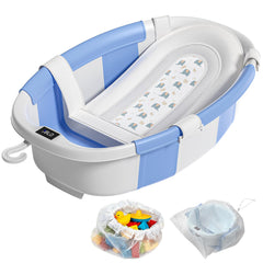 JoyYum collapsible baby bathtub hook-dry shows quick air drying and compact storage after baths.