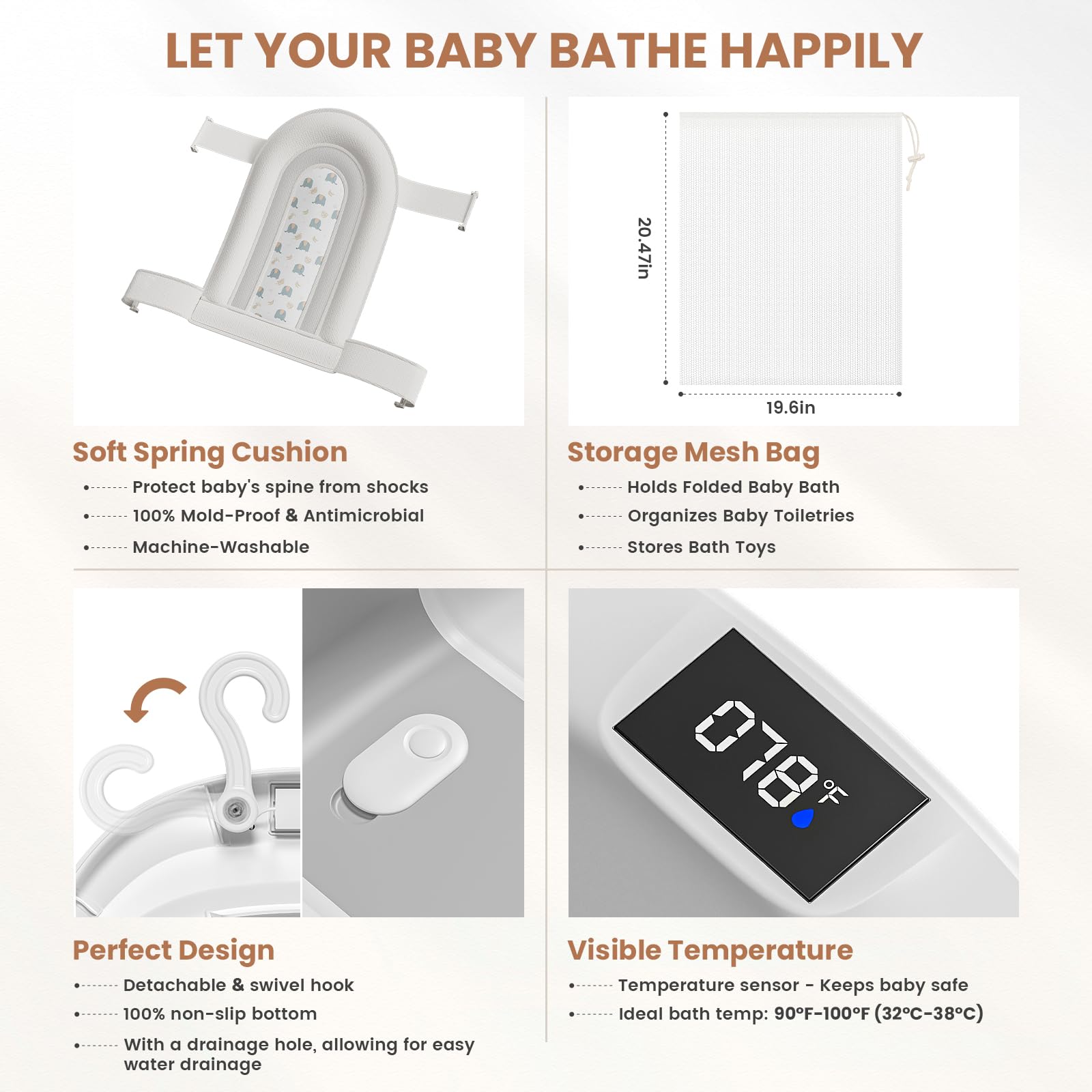 JoyYum collapsible baby bathtub mesh bag keeps toys dry and organized.