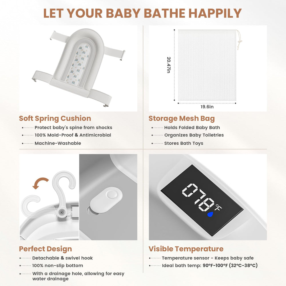 JoyYum collapsible baby bathtub mesh bag keeps toys dry and organized.