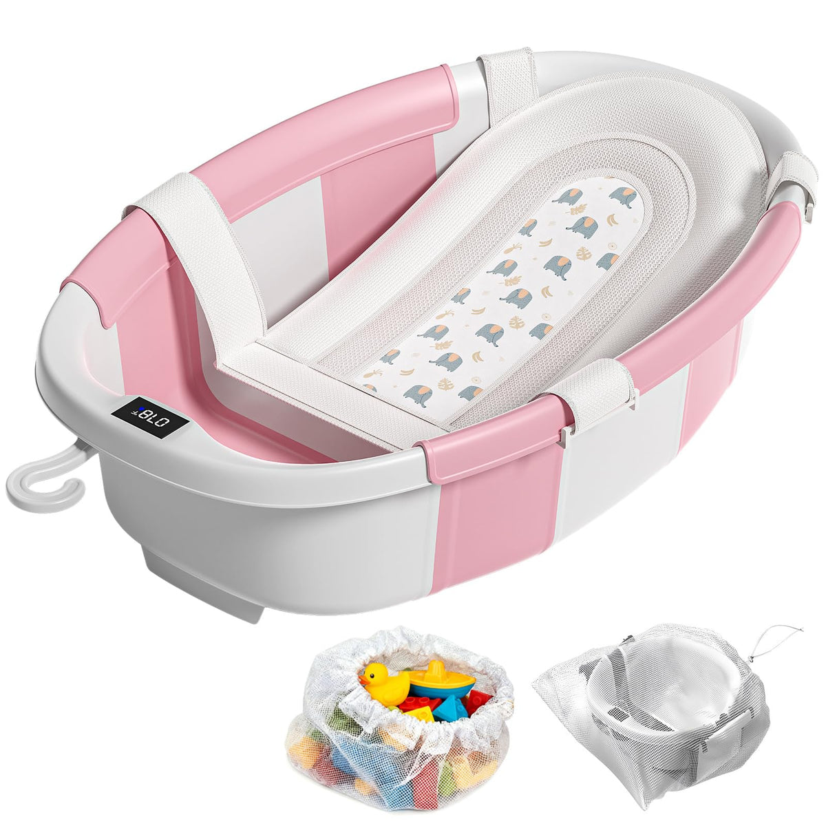 JoyYum collapsible baby bathtub in pink folded for compact storage and portability.