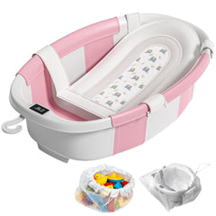 JoyYum collapsible baby bathtub in pink folded for compact storage and portability.