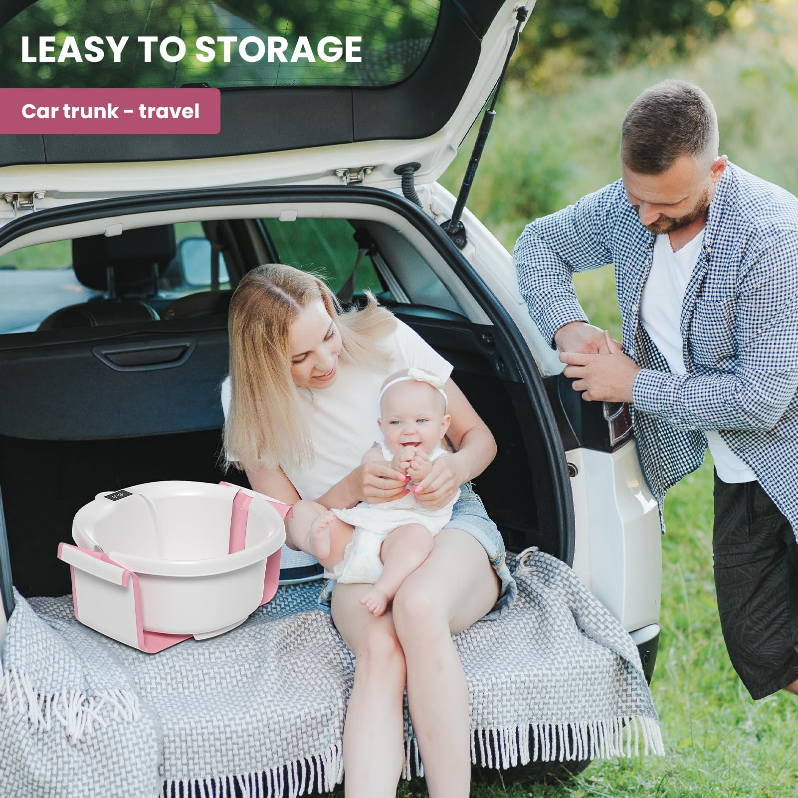 JoyYum pink collapsible tub ideal for travel and small spaces.