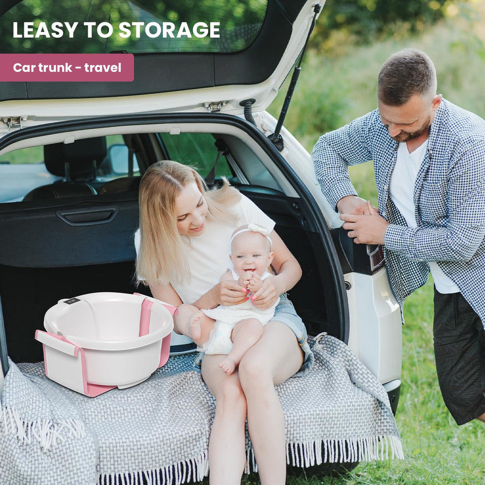 JoyYum pink collapsible tub ideal for travel and small spaces.