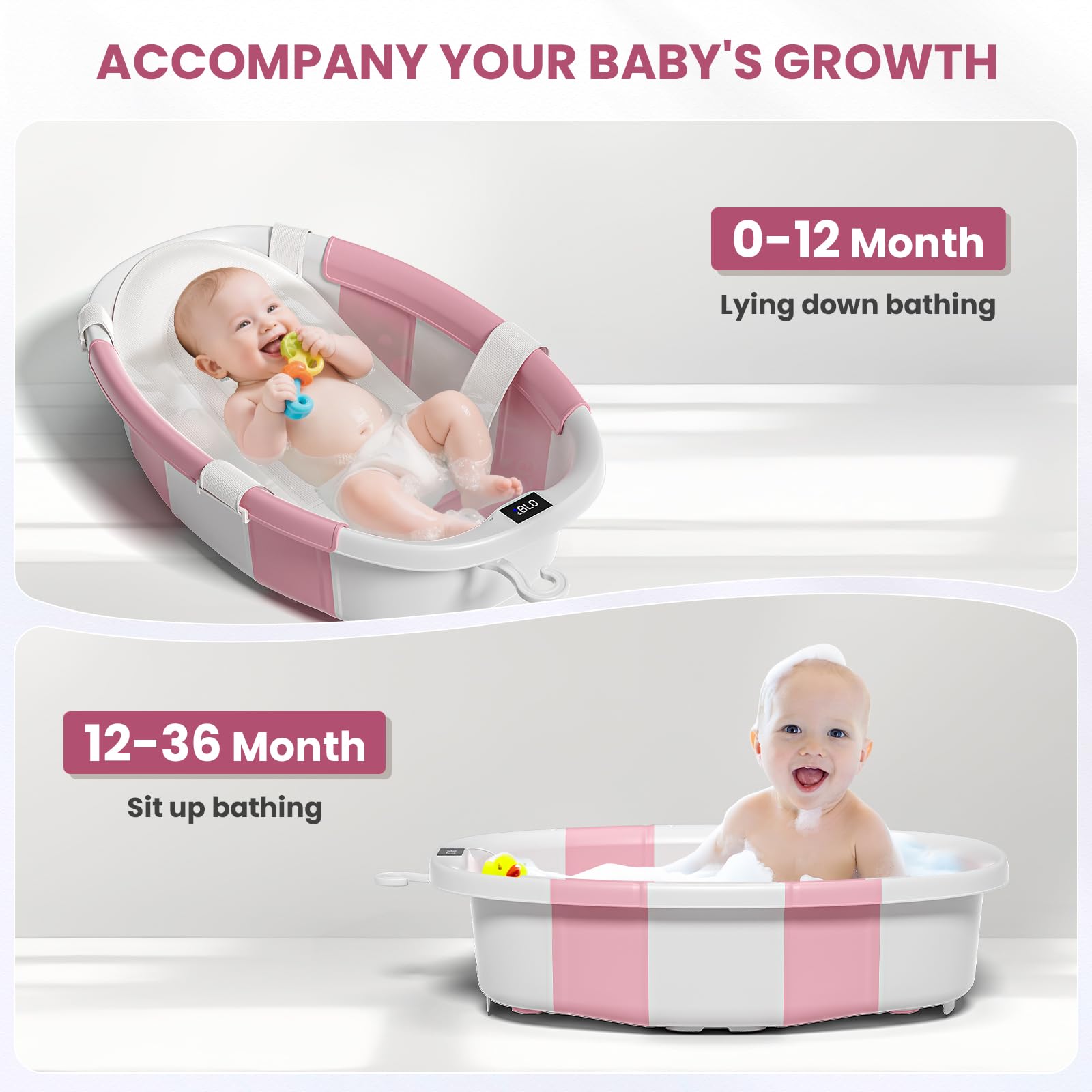 JoyYum pink tub shows temperature sensor readout for bath warmth awareness.