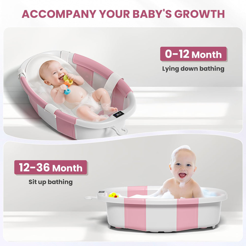 JoyYum pink tub shows temperature sensor readout for bath warmth awareness.