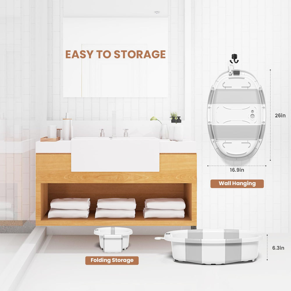 JoyYum collapsible baby bathtub with soft cushion providing secure, cozy seating.