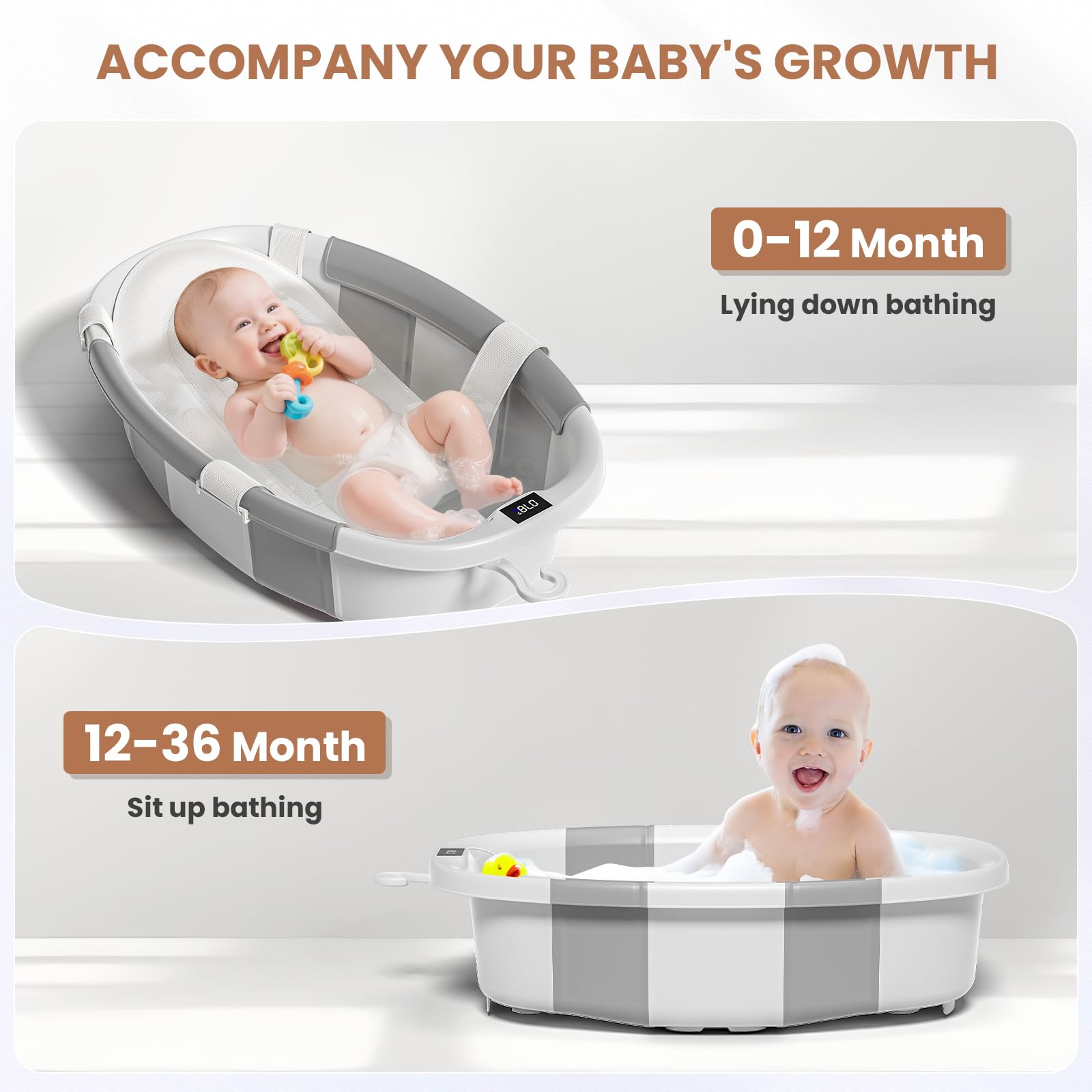 JoyYum collapsible baby bathtub temperature sensor showing safe bath warmth and comfort.