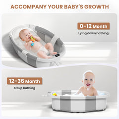 JoyYum collapsible baby bathtub temperature sensor showing safe bath warmth and comfort.