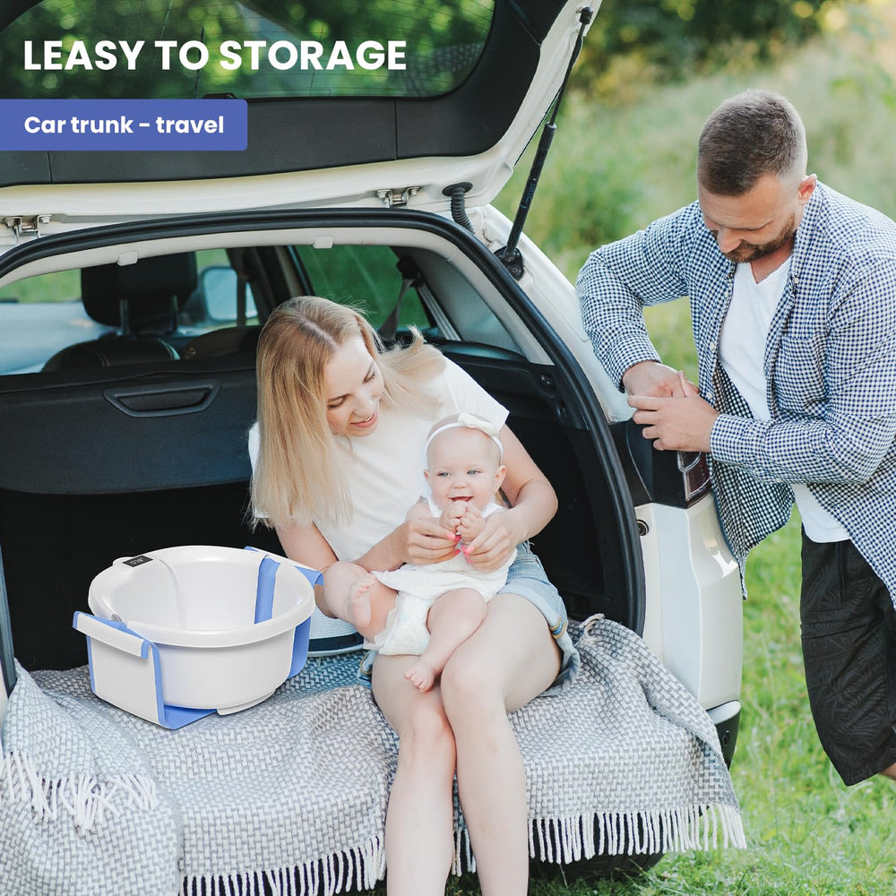 JoyYum travel-ready-collapsible-bath-tub-blue demonstrates portability for on-the-go baths.