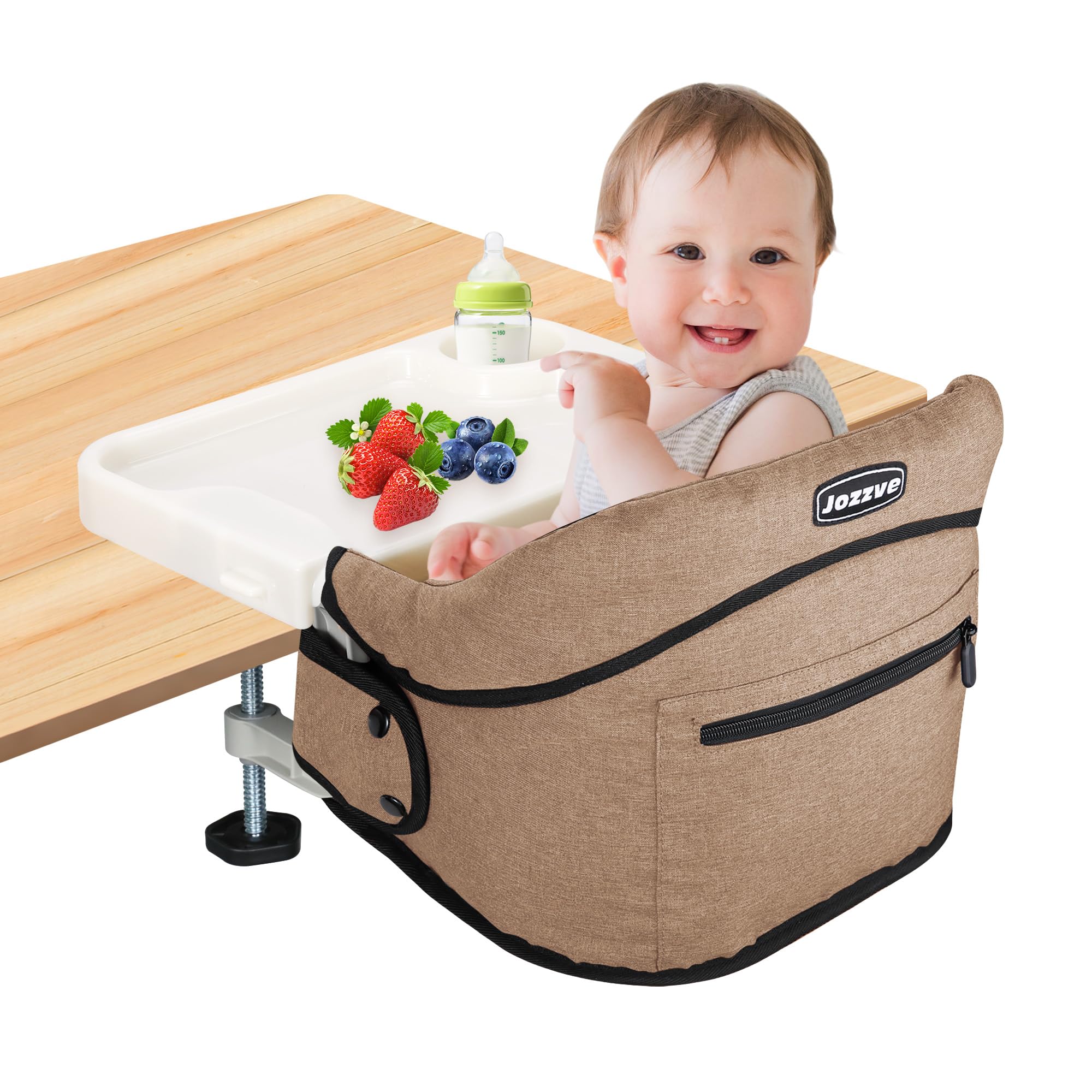 JOZZVE clip-on high chair folded storage shows compact travel-ready design