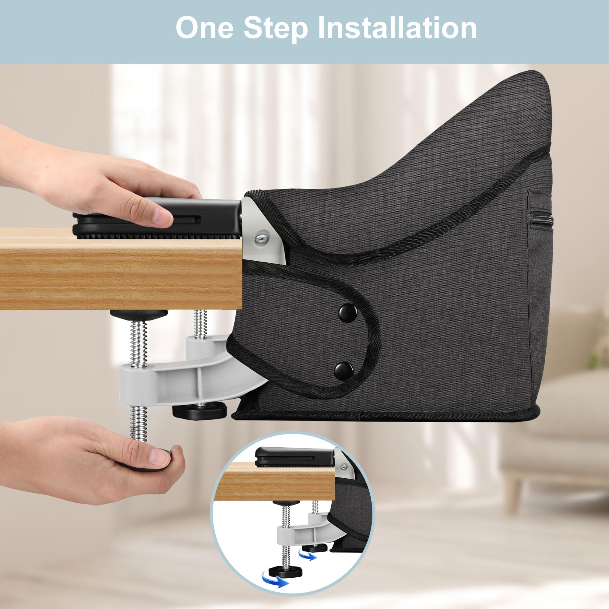 JOZZVE clip-on high chair safety shows adjustable harness for secure seating.