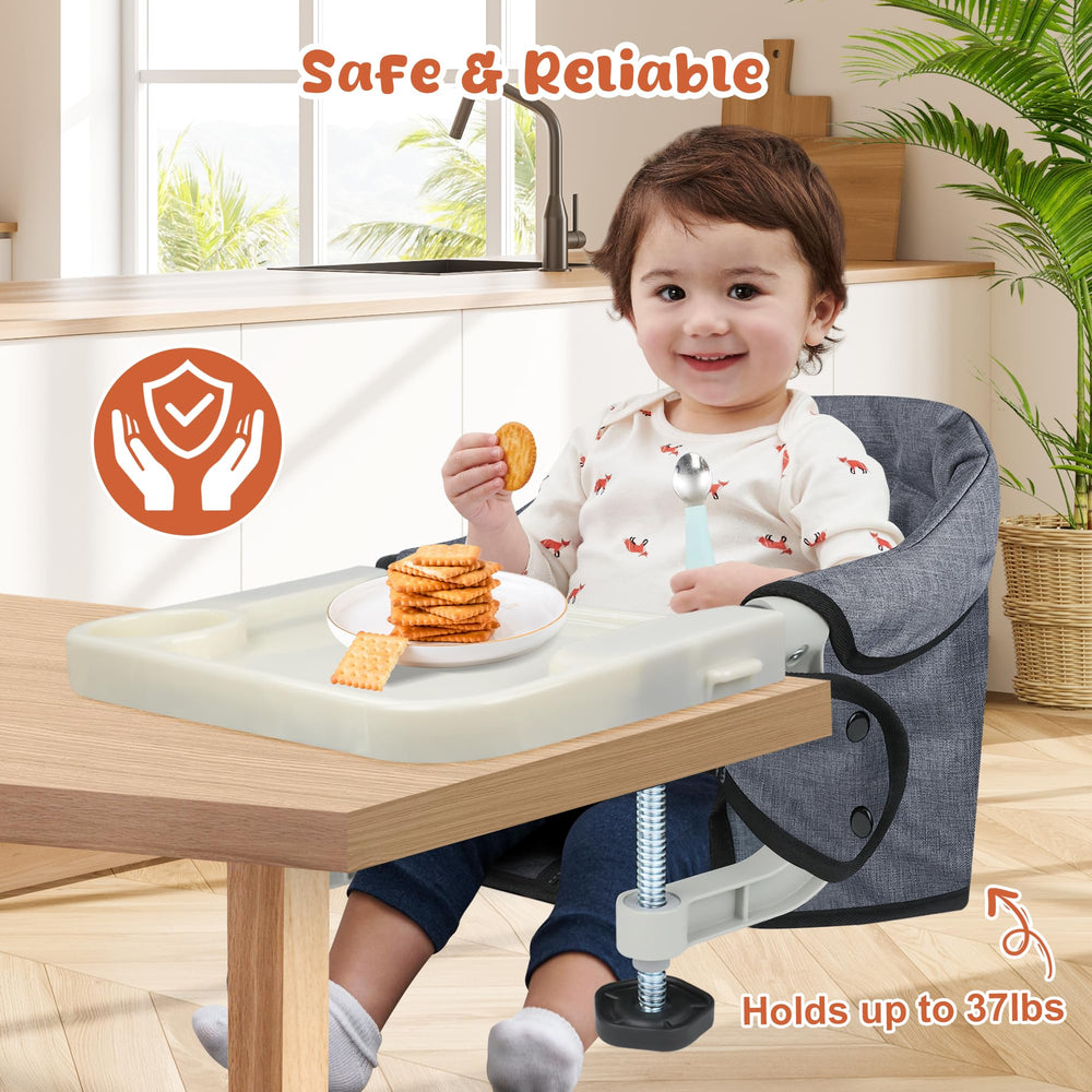 JOZZVE Hook On High Chair anti-slip clamp protects table surfaces.