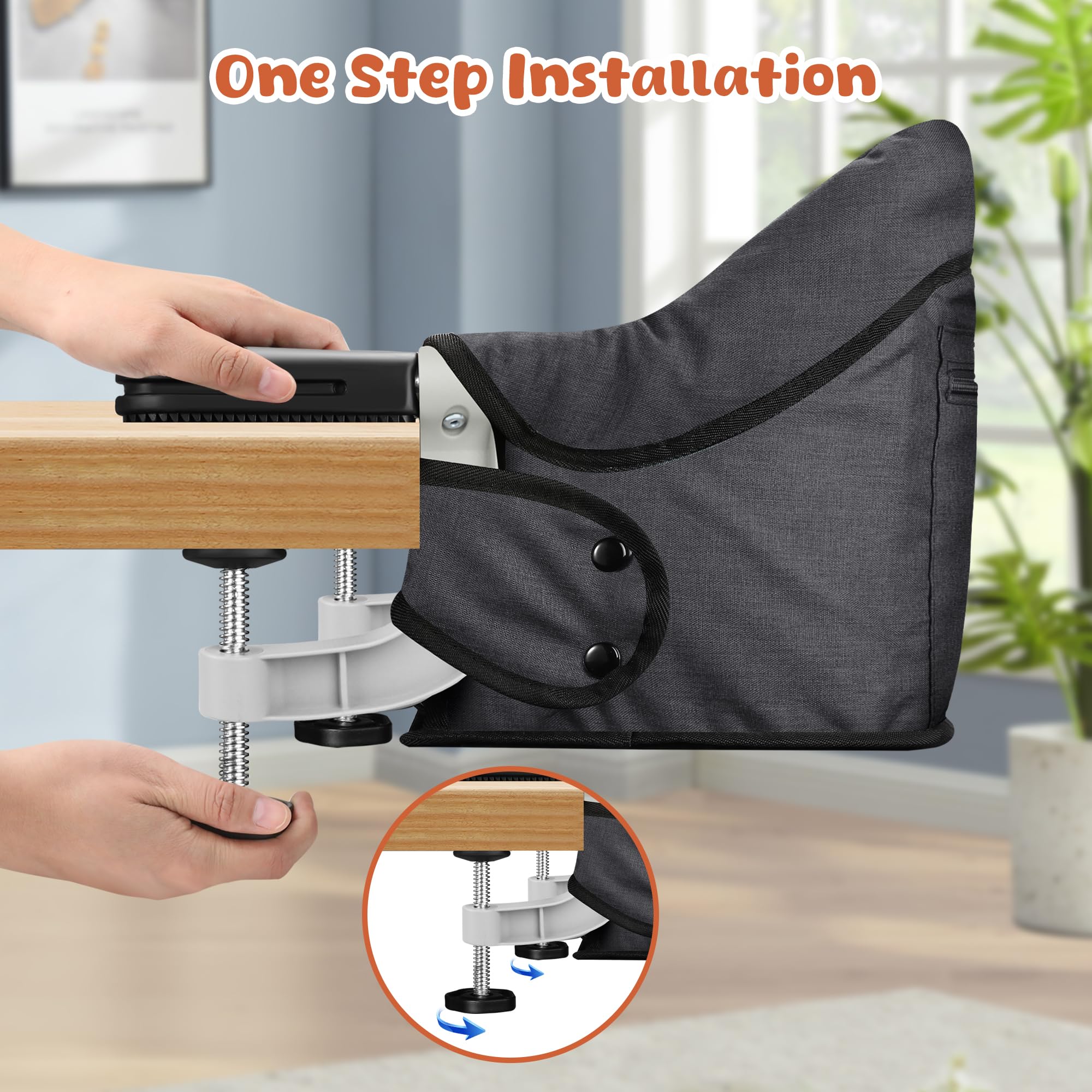 JOZZVE Hook On High Chair anti-slip clamp ensures stable placement without table damage.