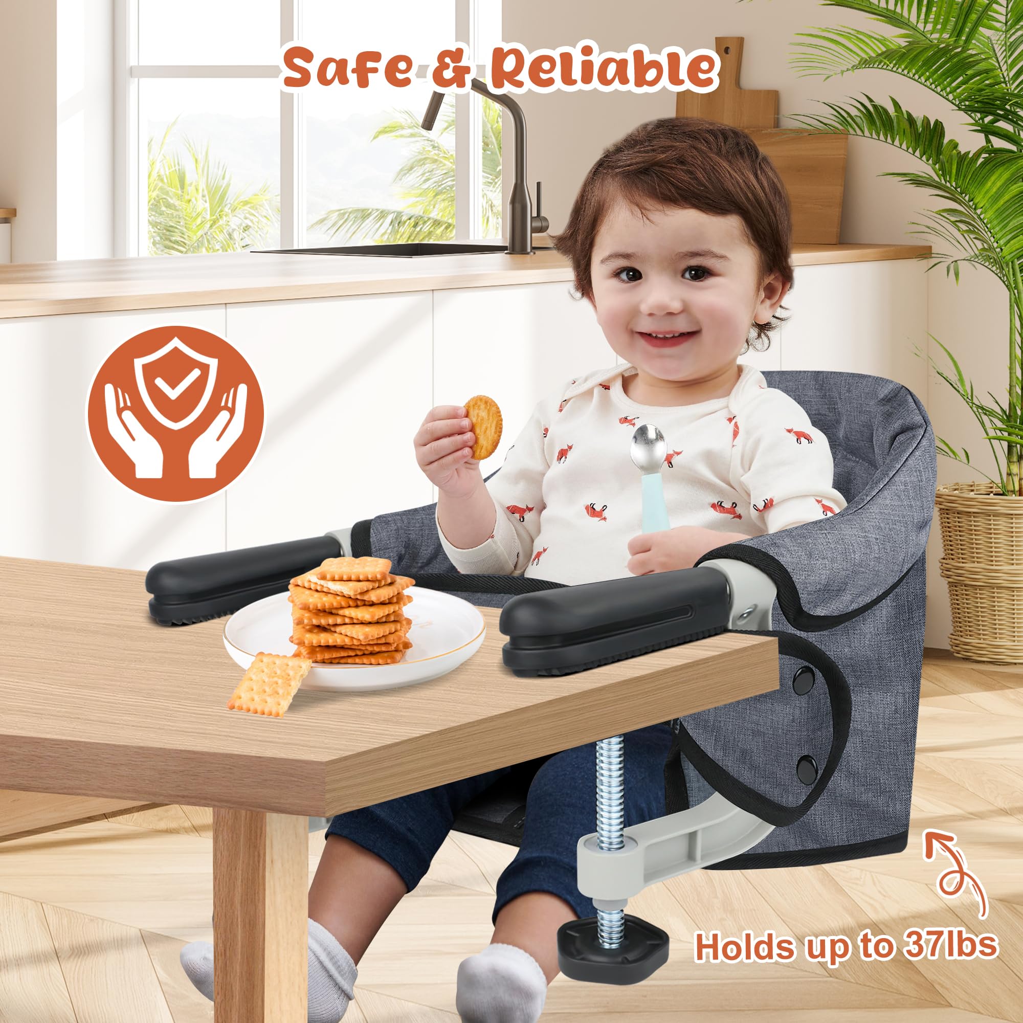 JOZZVE Hook On High Chair anti-slip-clamp protects tabletops while keeping baby stable.