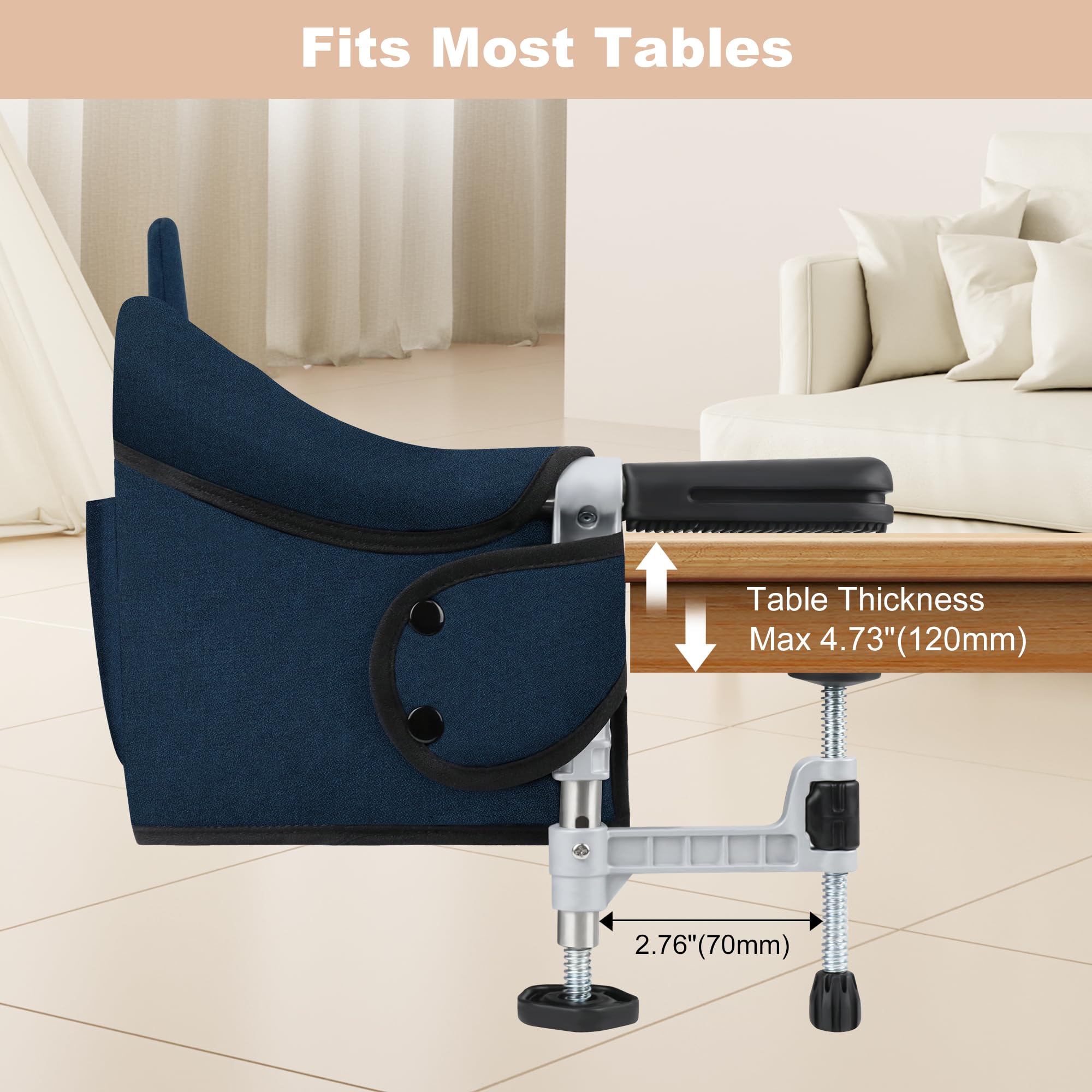 JOZZVE Hook On High Chair clip-on mounting quickly attaches to tables for meals away from home.