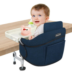 JOZZVE Hook On High Chair blue folded for compact travel storage on the go.