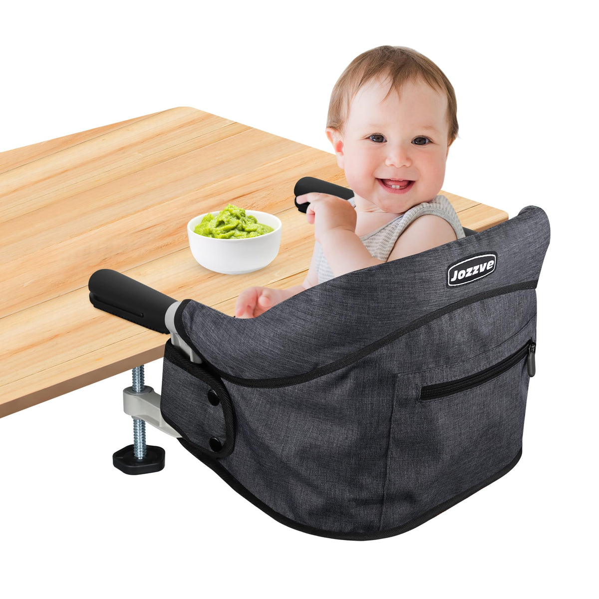 JOZZVE Hook On High Chair clip-on design secures meals safely on most tables.