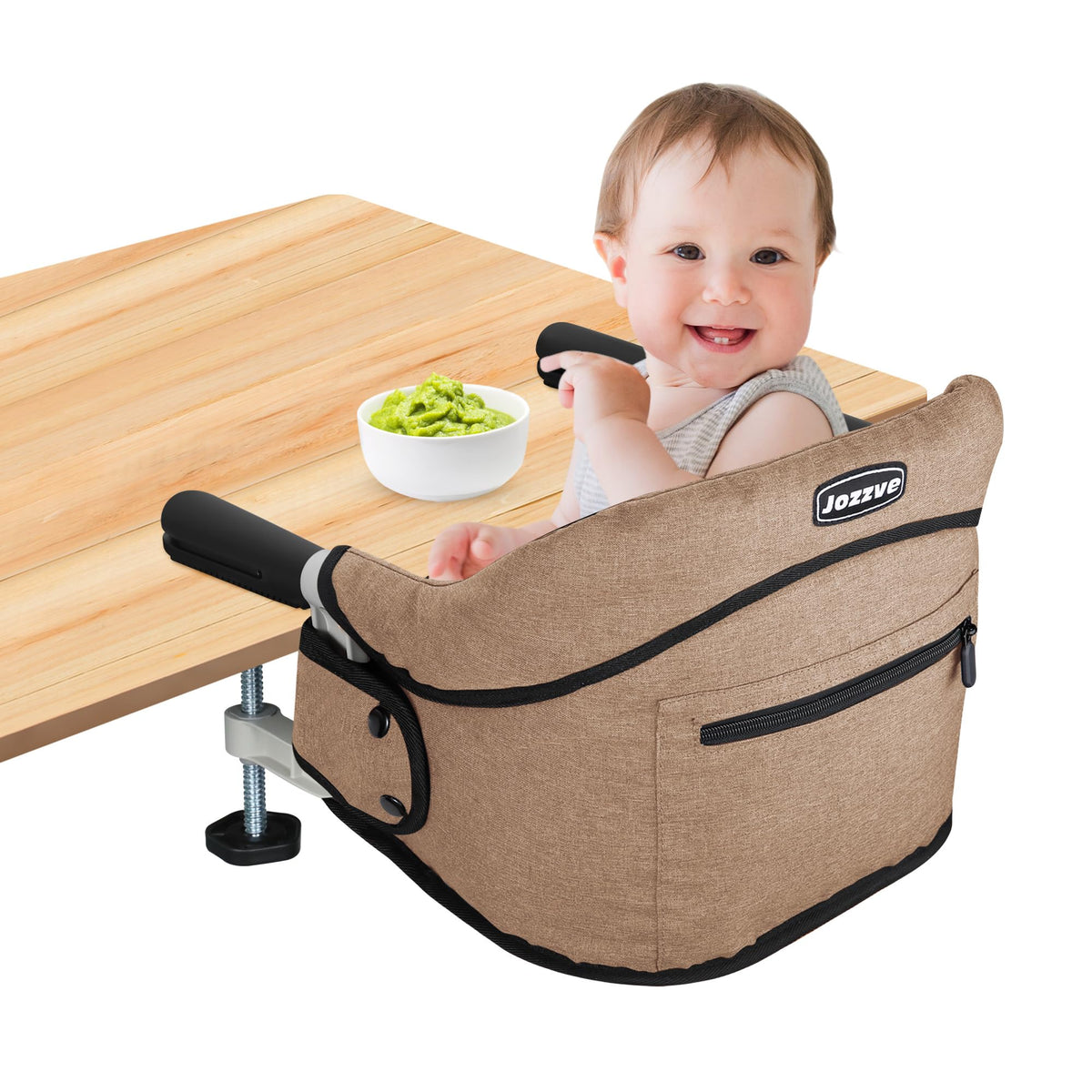 JOZZVE Hook On High Chair clip-on setup demonstrating secure attachment for on-table dining.