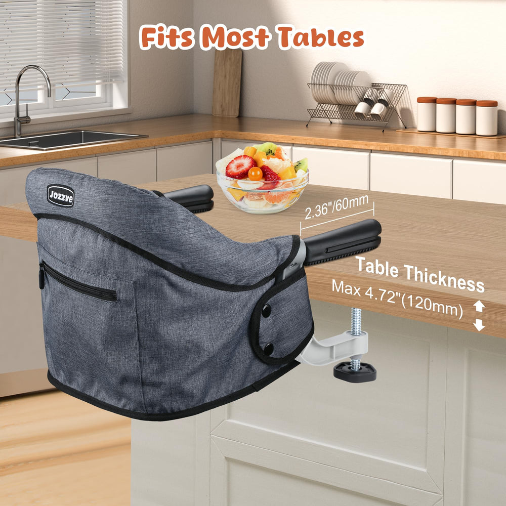 JOZZVE Hook On High Chair folded-compact showcases easy storage for travel and outings.