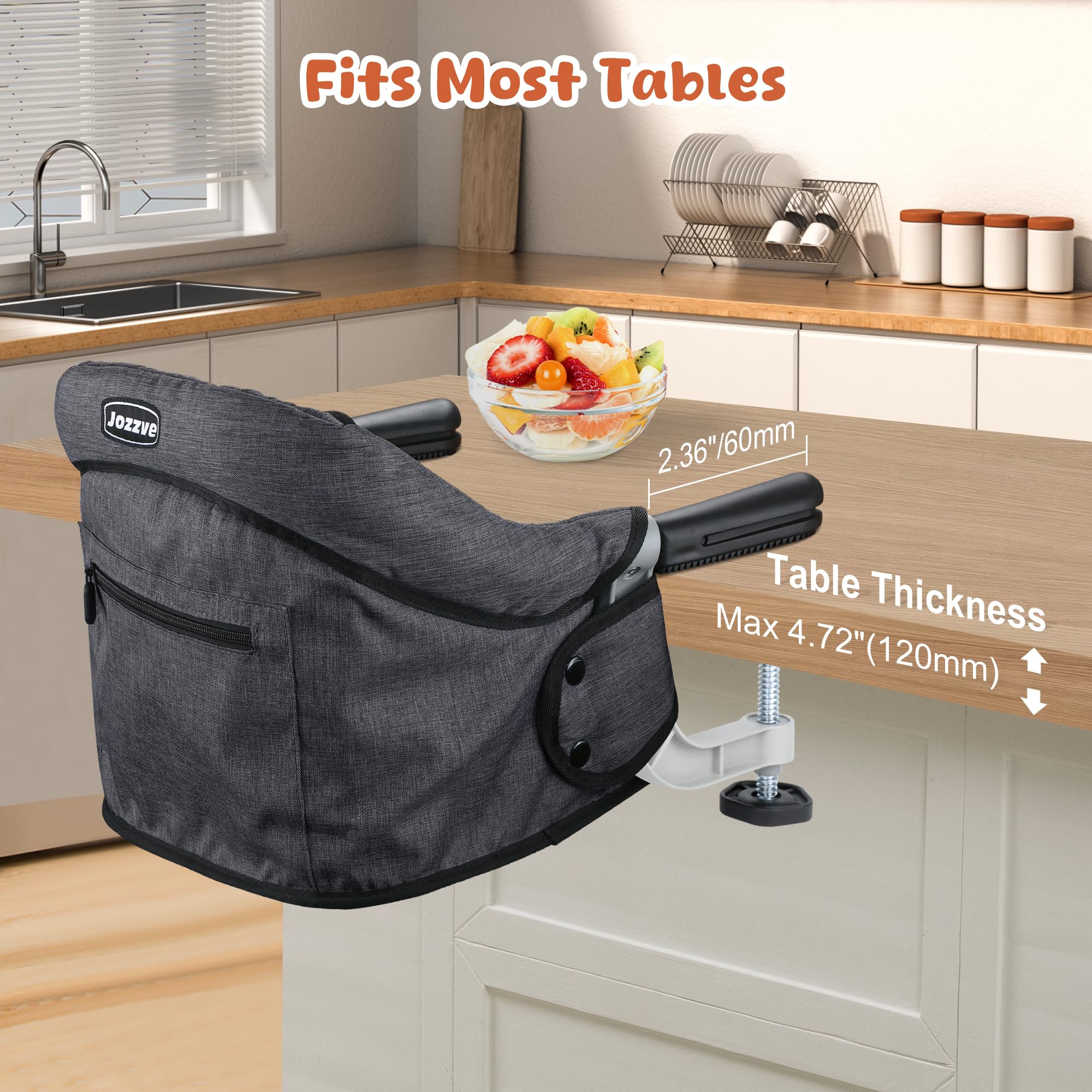 JOZZVE Hook On High Chair folded, travel-ready for quick packing and easy carrying.