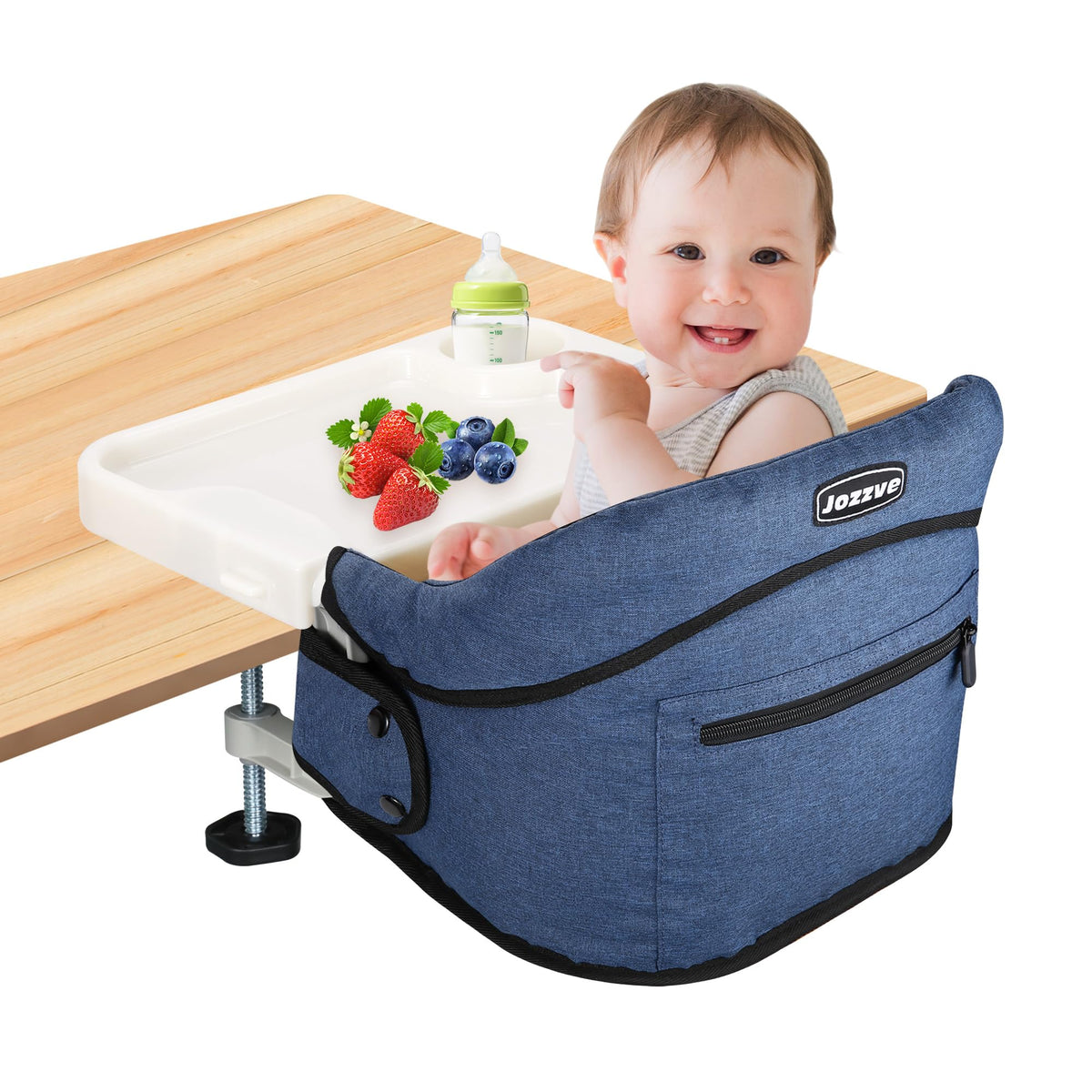 JOZZVE Hook On High Chair in use on table, providing quick, secure baby seating at meals.