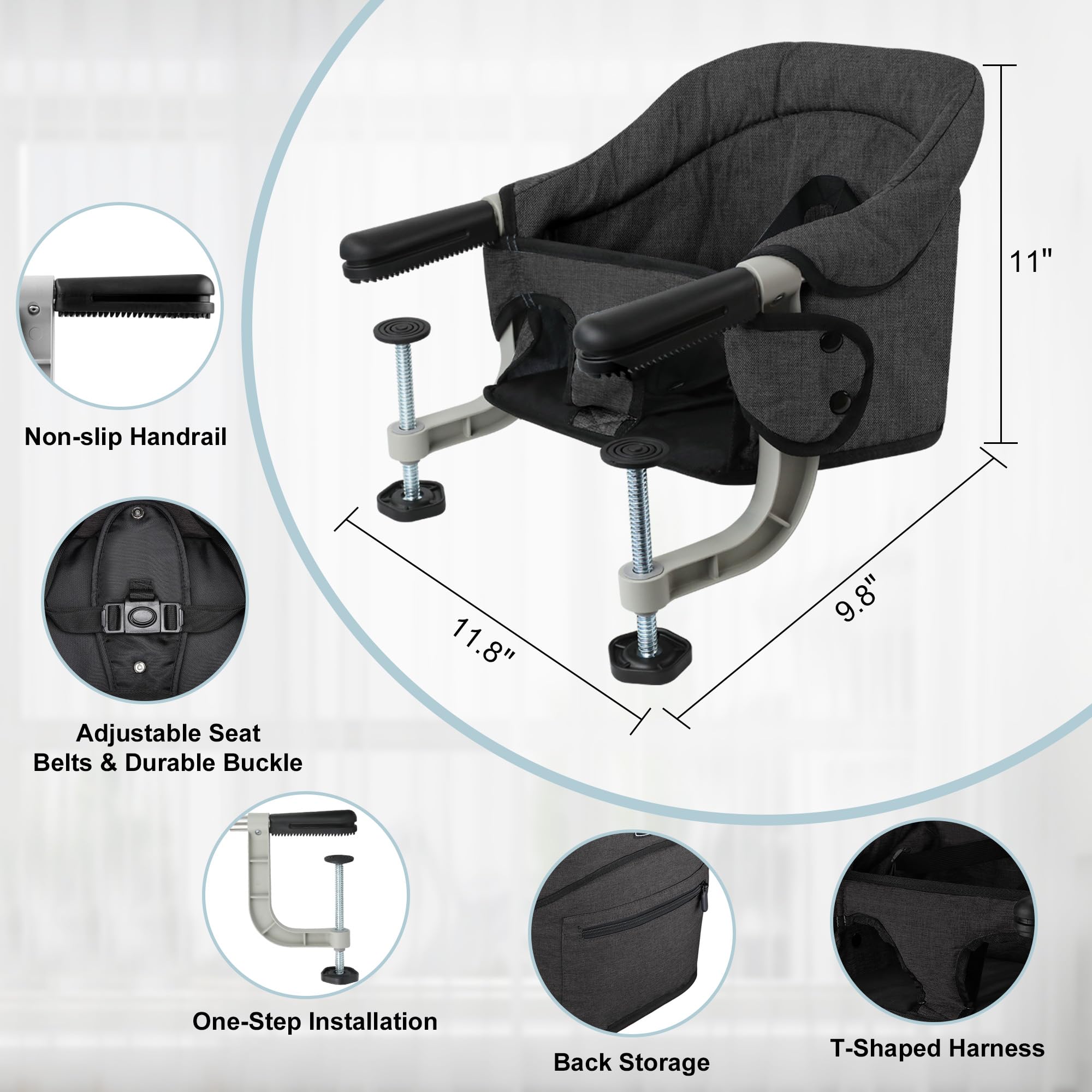 JOZZVE Hook On High Chair in-use-with-baby highlights padded comfort during feeds.
