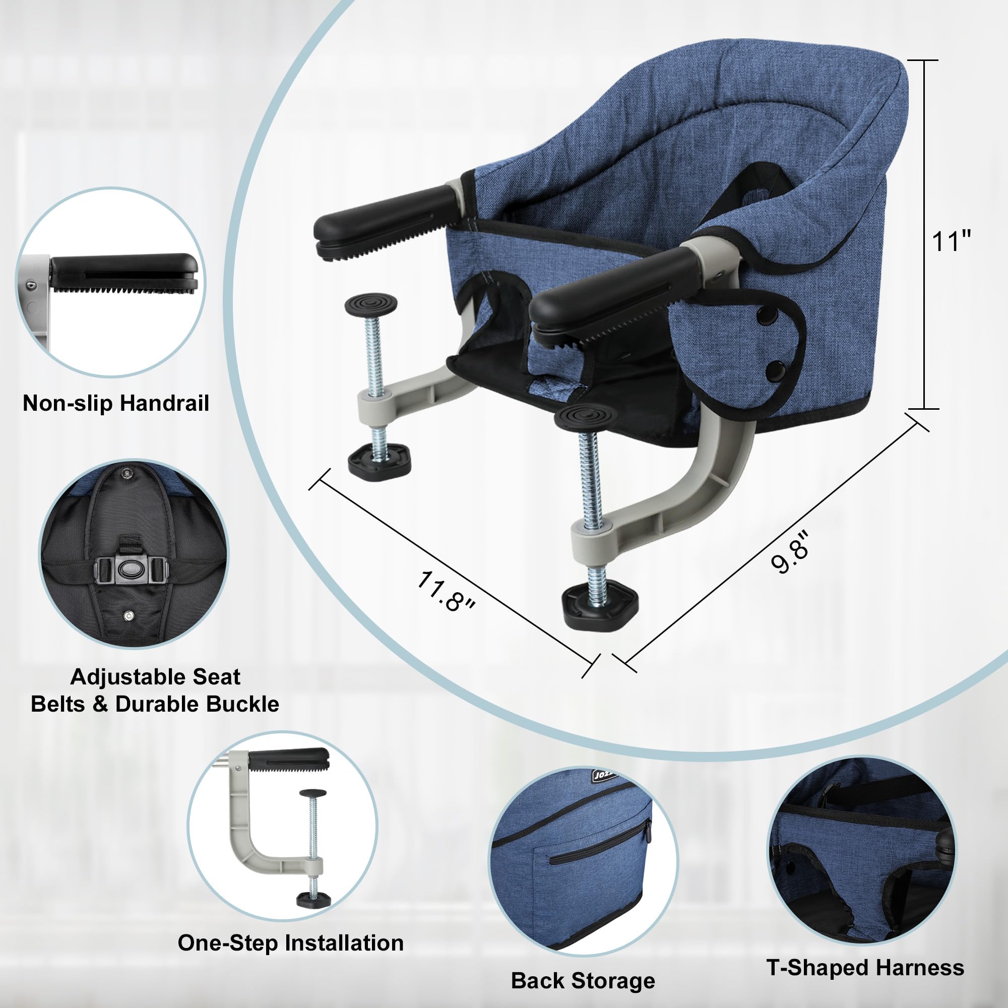 JOZZVE Hook On High Chair navy washable seat cover for easy cleaning.