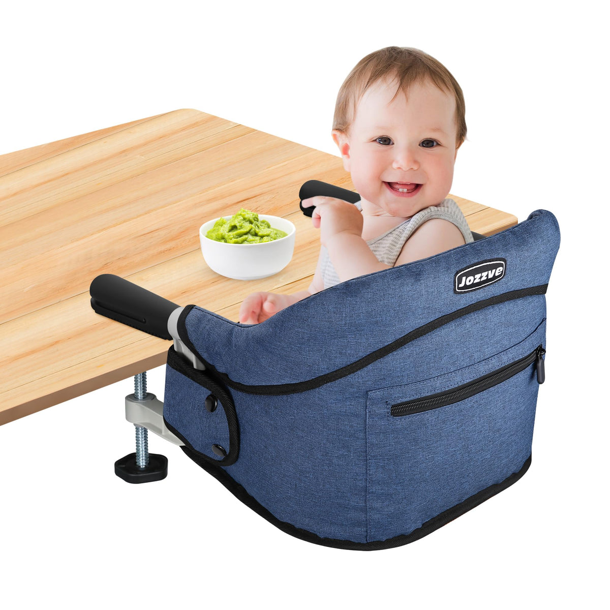 JOZZVE Hook On High Chair navy clipped to table for secure infant dining.
