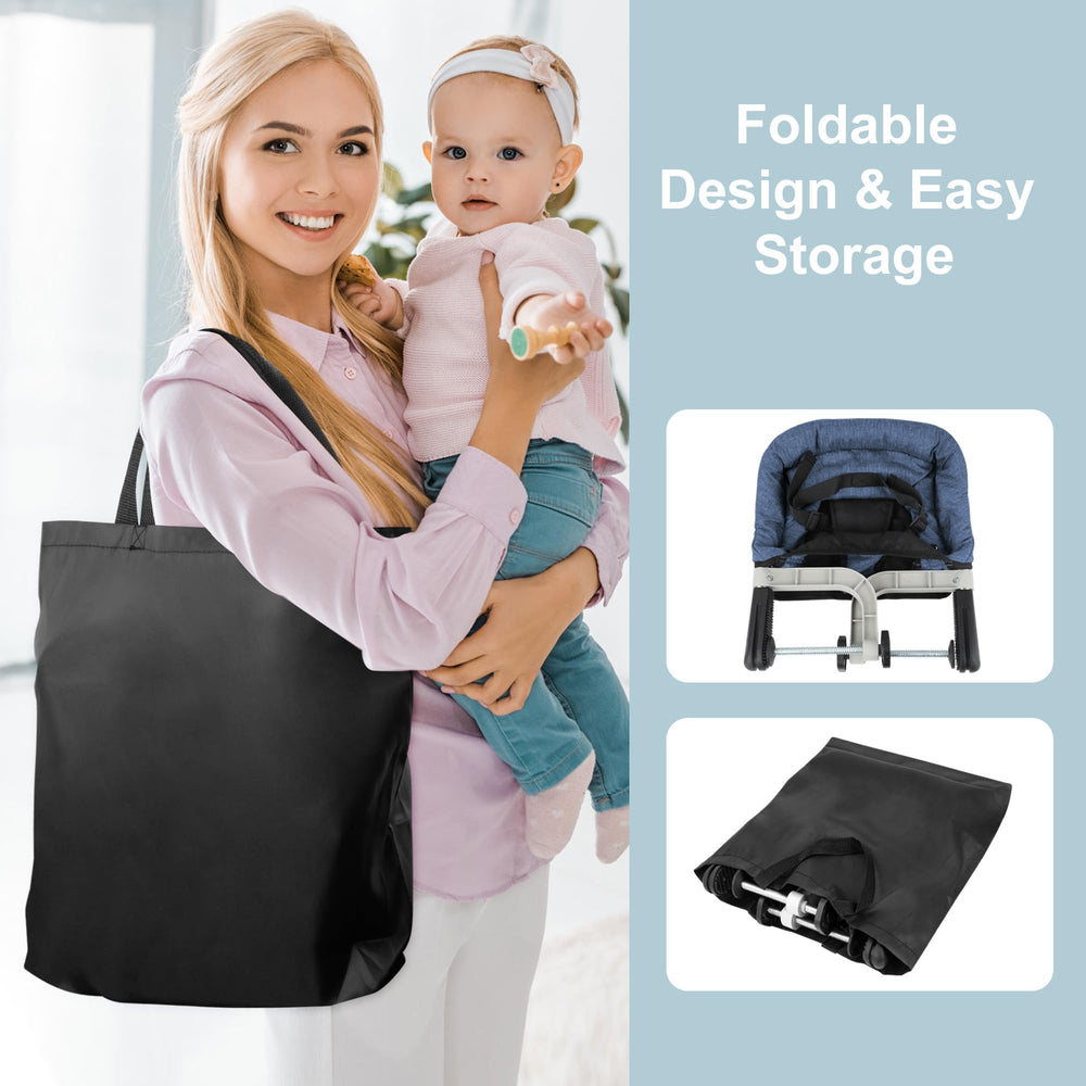 JOZZVE Hook On High Chair navy safety harness secures growing toddlers.