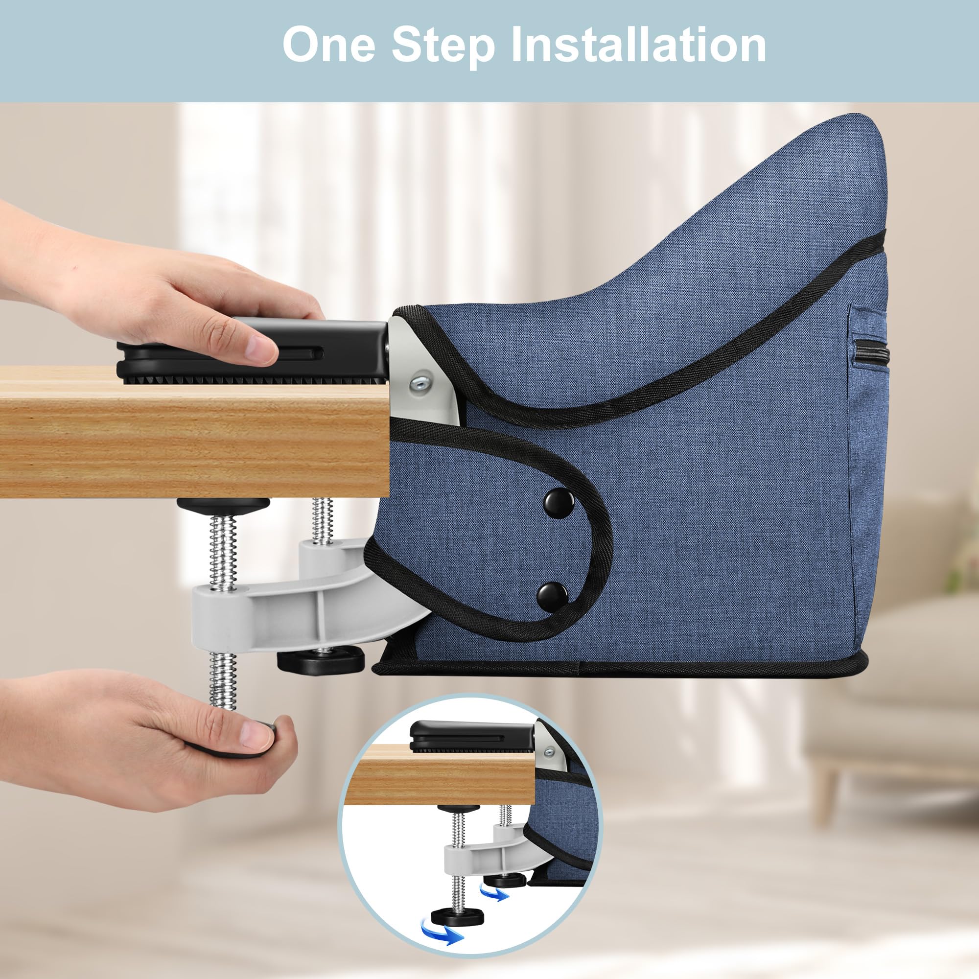 JOZZVE Hook On High Chair navy with zip pocket for bibs and utensils.