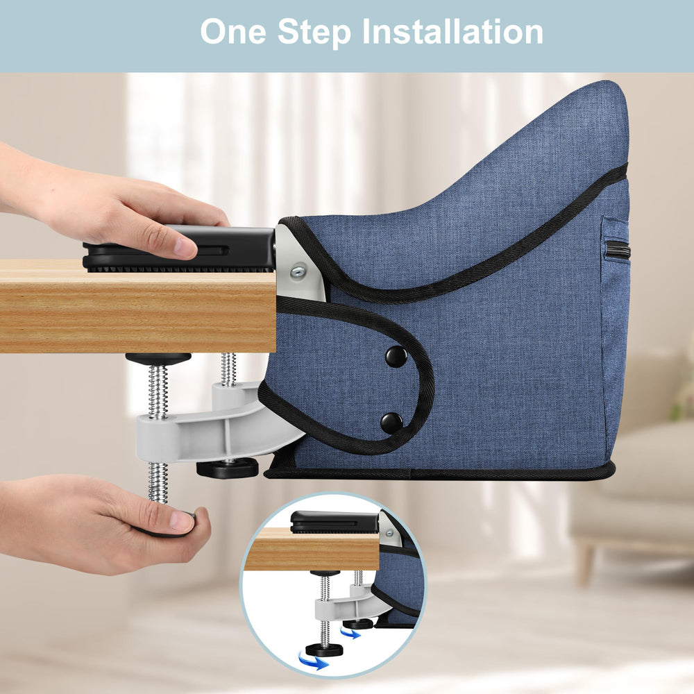 JOZZVE Hook On High Chair navy with zip pocket for bibs and utensils.