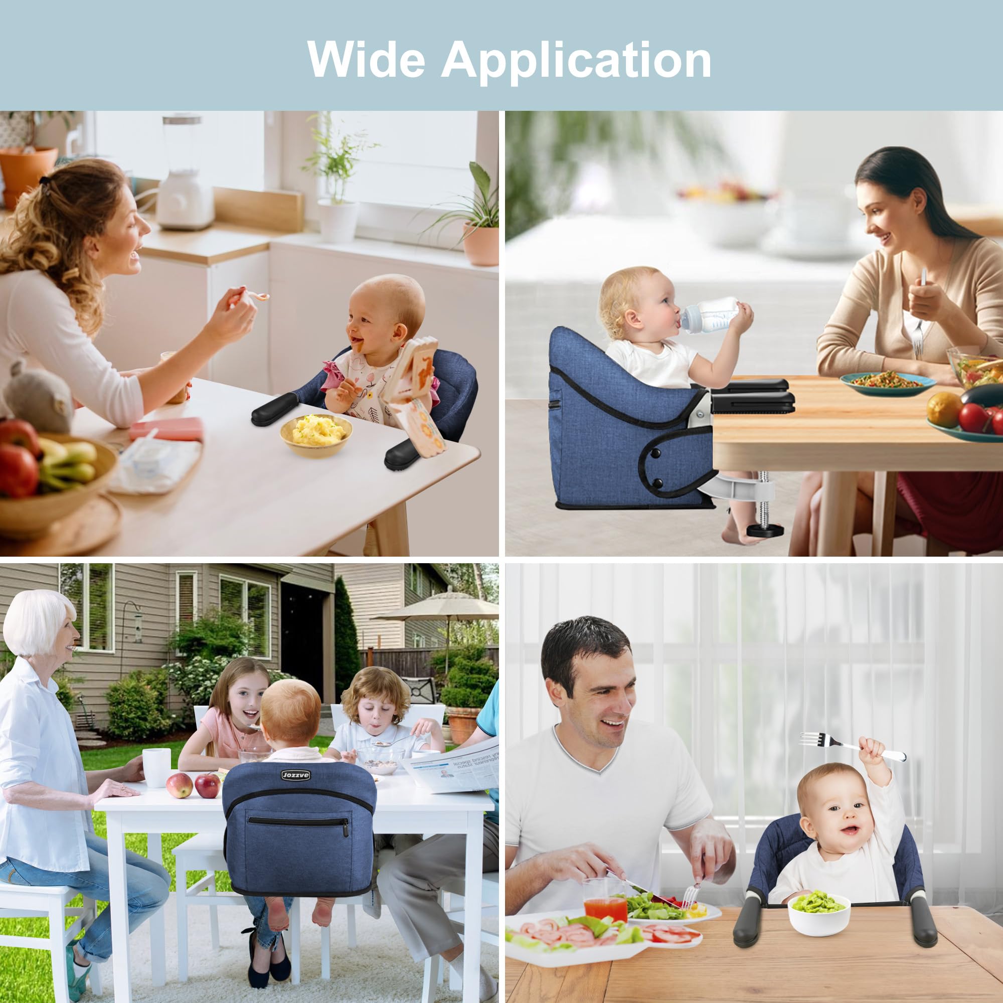 JOZZVE Hook On High Chair navy anti-slip table clamp shows stability.