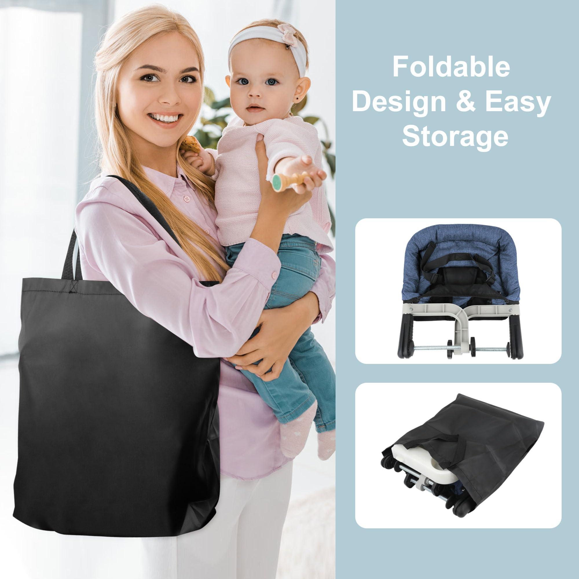 JOZZVE Hook On High Chair securely fastened using adjustable safety harness.