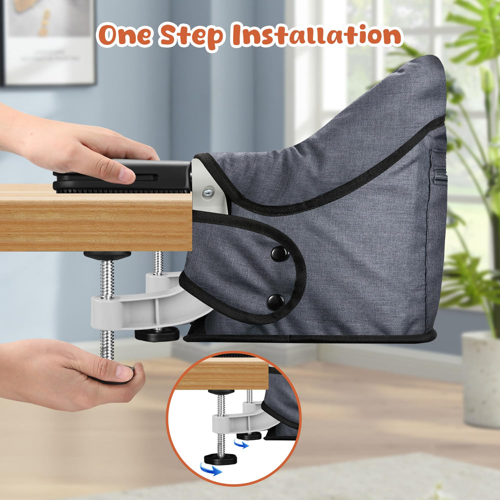JOZZVE Hook On High Chair safety-harness emphasizes secure seating for 6-36 months.