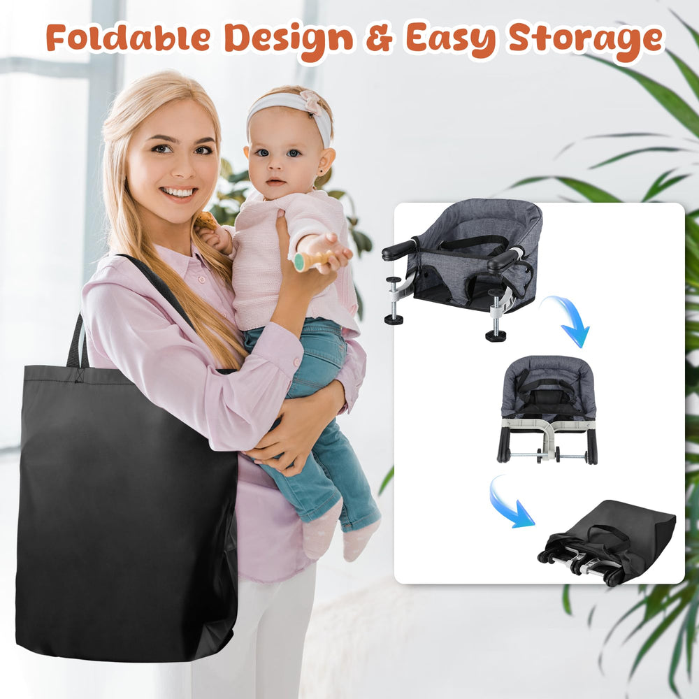 JOZZVE Hook On High Chair storage-pocket aids bibs and wipes organization.