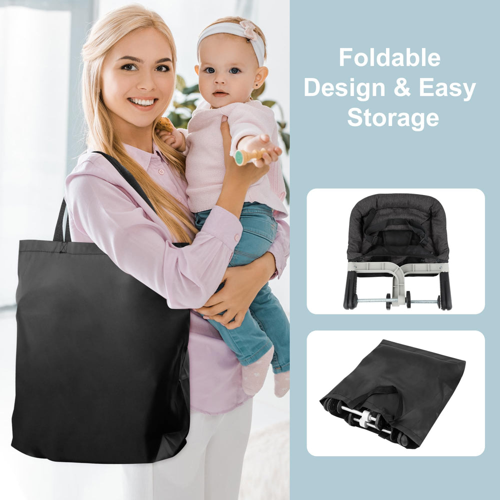 JOZZVE Hook On High Chair storage-pocket keeps bibs and utensils handy.
