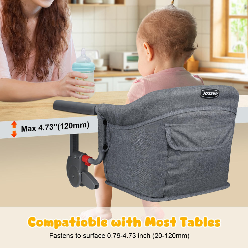JOZZVE Hook On High Chair table-compatibility for versatile on-table dining across surfaces.