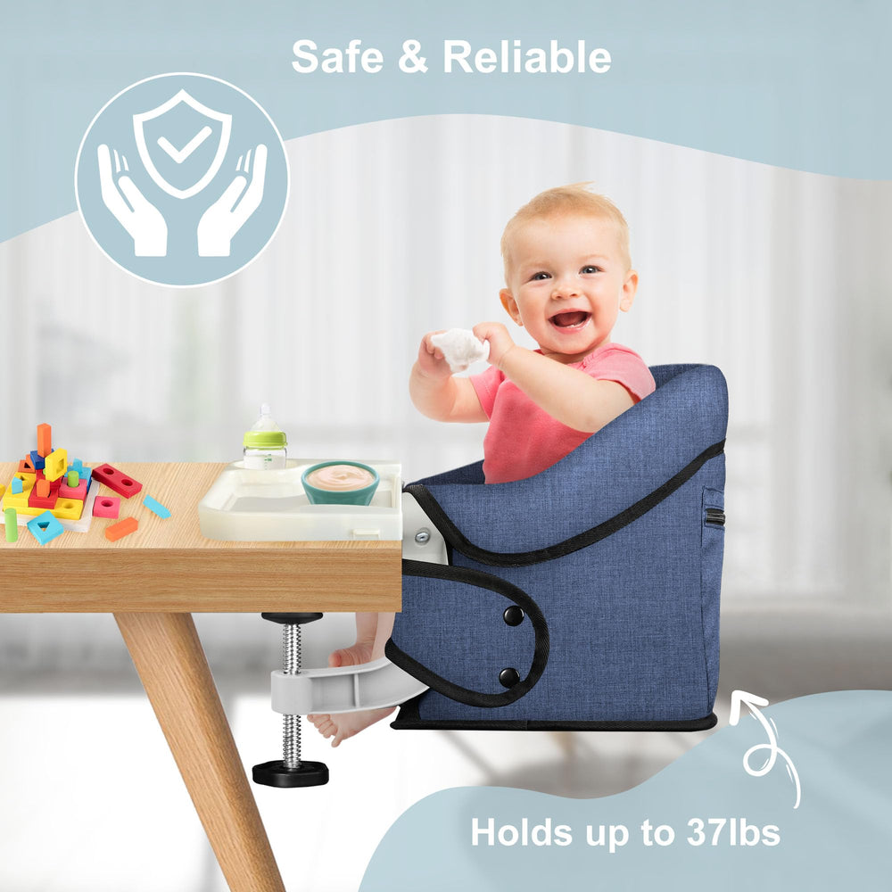 JOZZVE Hook On High Chair travel-ready setup showing compact storage.