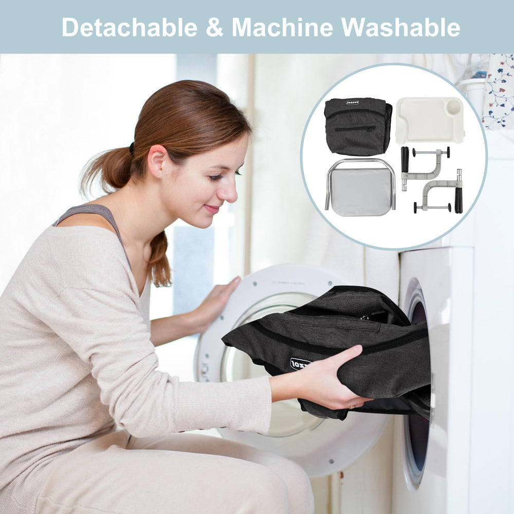 JOZZVE portable storage pocket keeps bibs and utensils organized.