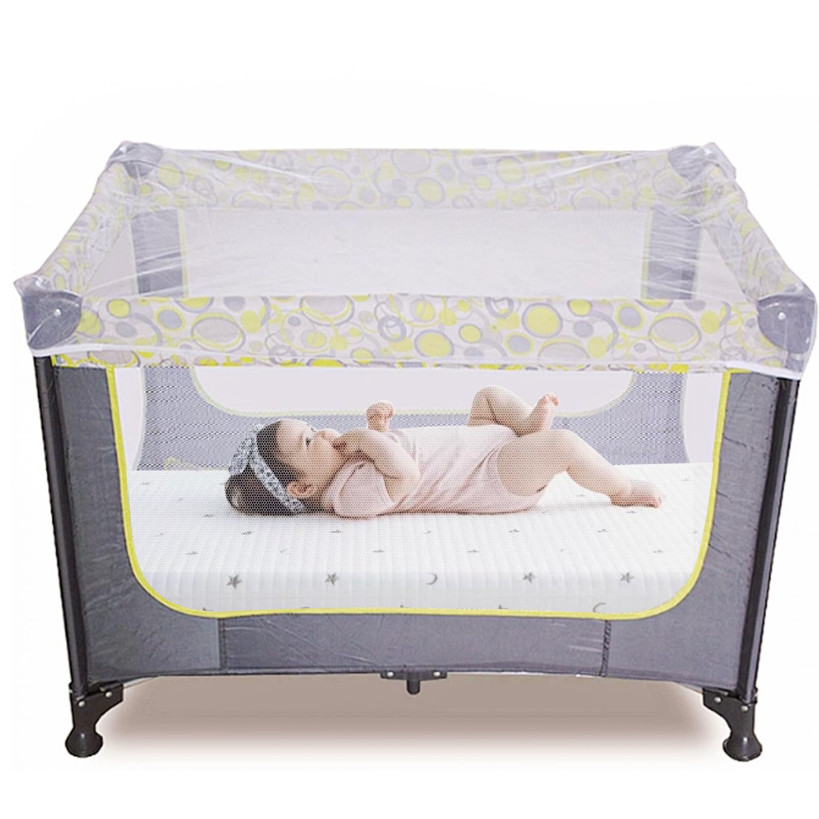 JQCOVEI stretch-coverage mosquito net demonstrates a snug fit for multiple strollers and cribs.