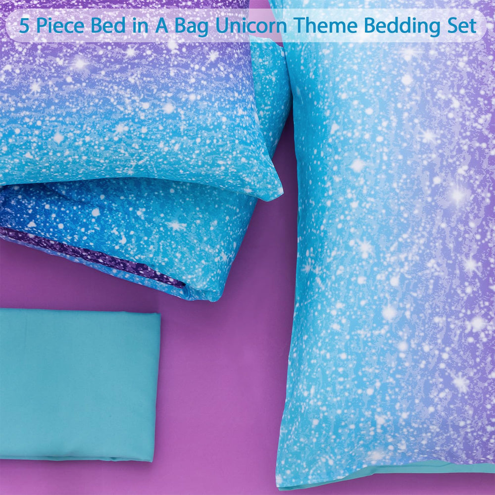 JQinHome room-setup illustrating complete blue-purple themed bedroom look