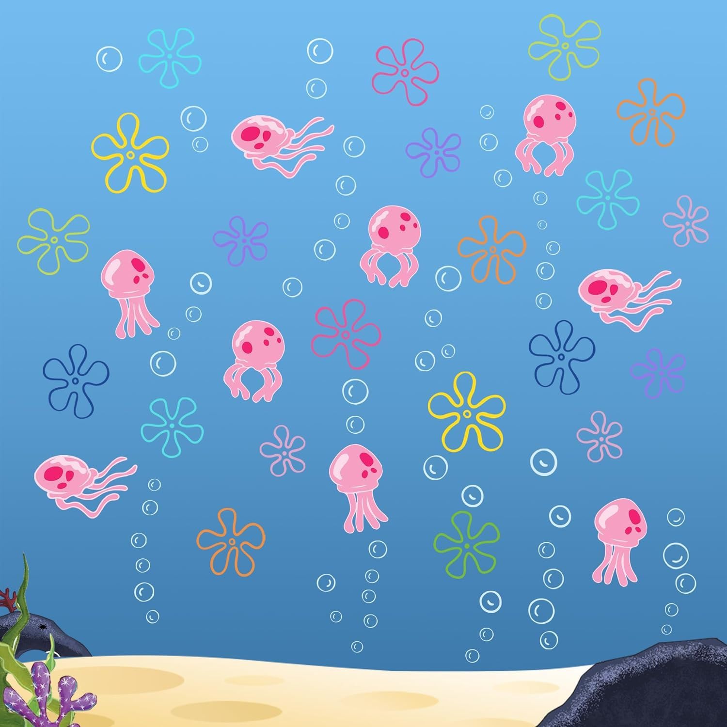 JQPYGB Jellyfish Bubbles Wall Decal closeup—vibrant bubbles brighten a kid's room