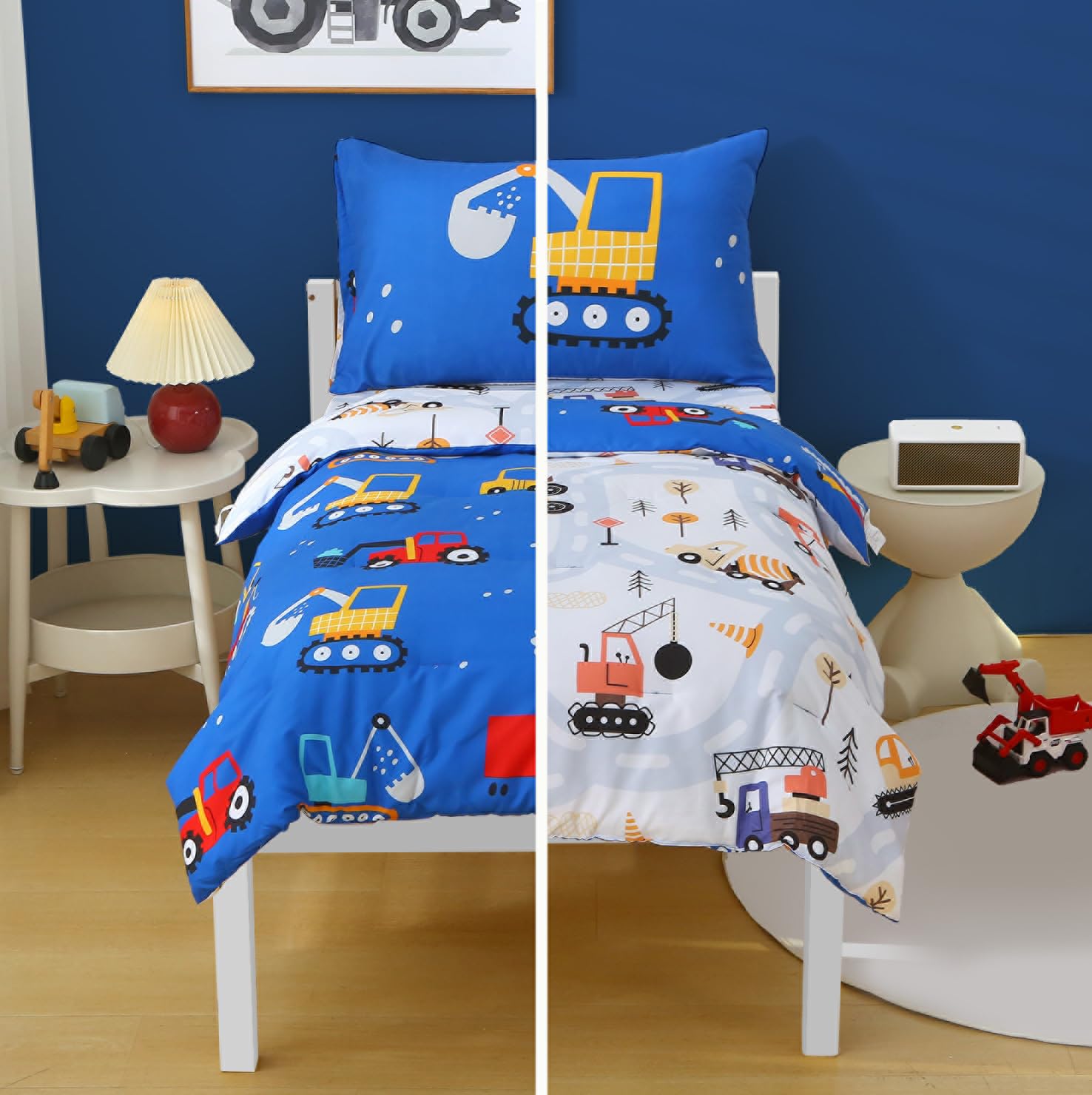 JQWUPUP blue cartoon car flat sheet adds soft, breathable comfort.