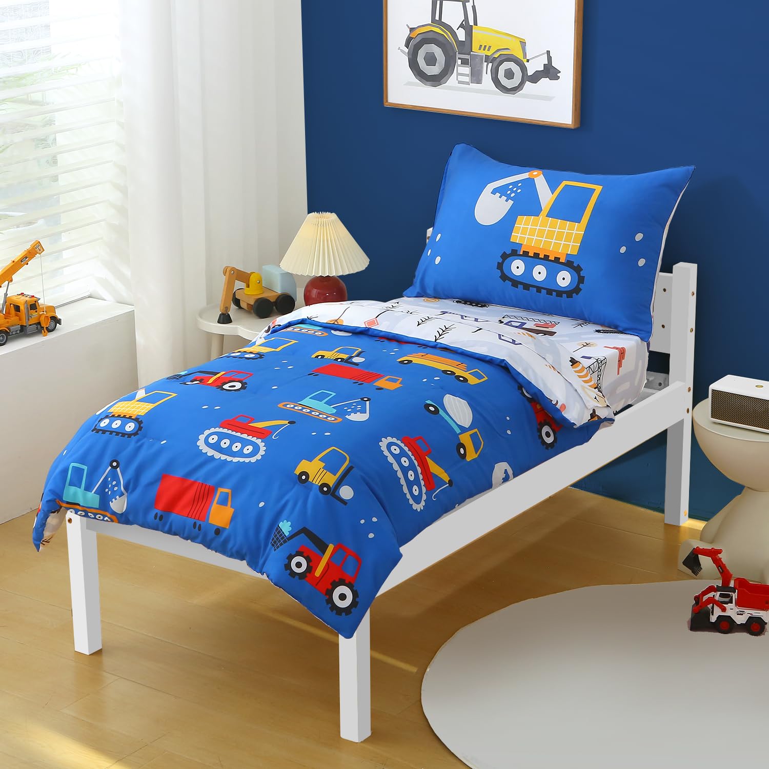 JQWUPUP blue cartoon car pillowcase complements the set for cozy night routines.