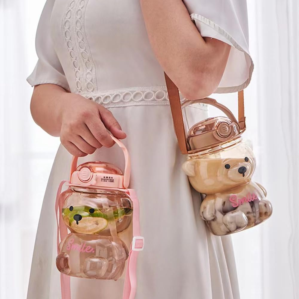 JRIQH Kawaii Bear Bottle pink adjustable strap supports versatile transport.