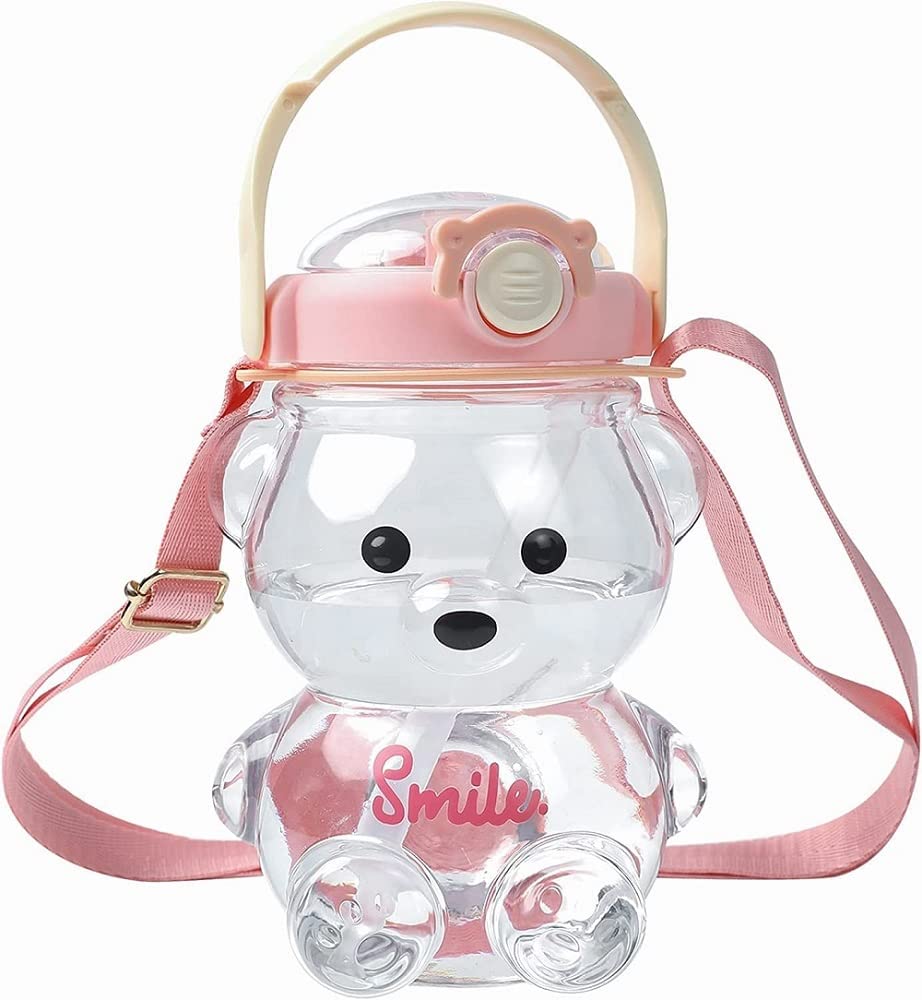 JRIQH Kawaii Bear Bottle pink with closed cap, leak-free daily hydration.