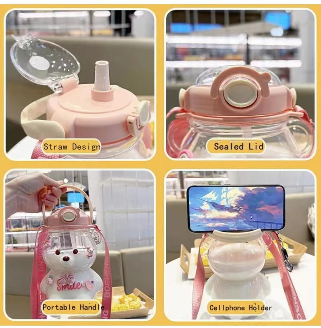 JRIQH Kawaii Bear Bottle pink detachable strap enables hands-free carrying.