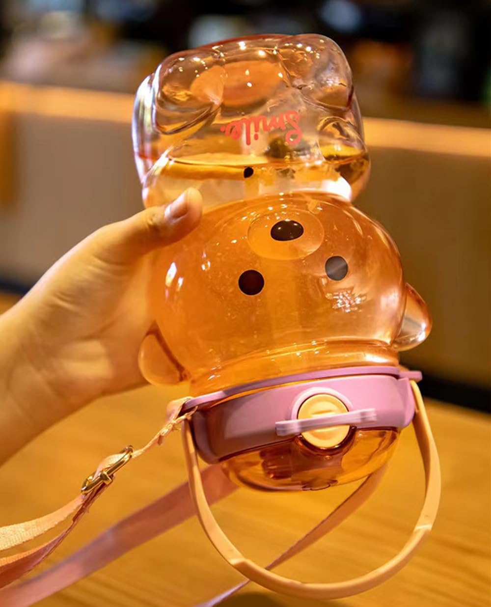 JRIQH Kawaii Bear Bottle pink wide-mouth design fits ice cubes and fruit.