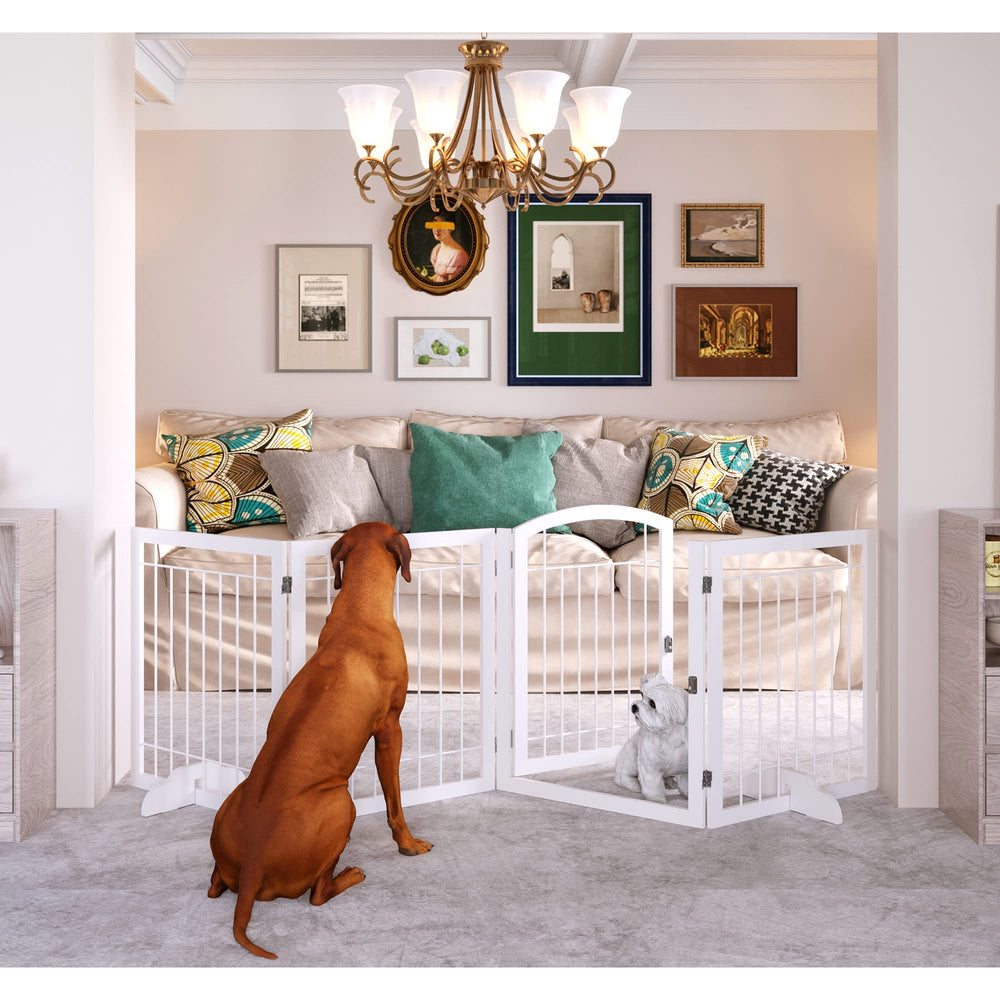 JSB 96-inch dog gate with door walk-through showing wide barrier for rooms